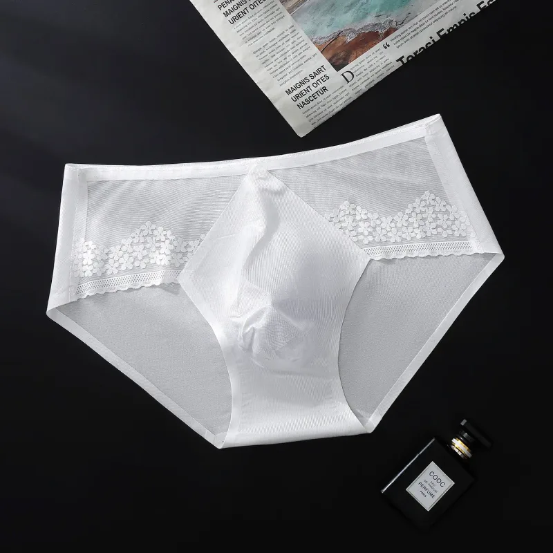Large Size Men Sexy Panties Silky Satin Bugle Pouch Underwear Lace See Through Brief High Elastic Soft Underpant Bikini Lingerie — image 24
