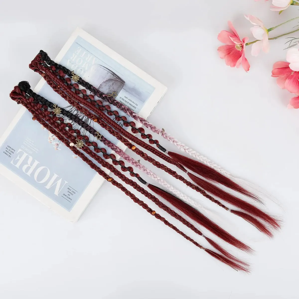 Boho Ombre bordó fonott lófarok hajhosszabbító szintetikus fonatok bohém viking hajdarabokkal női farsangi partikra — image 6