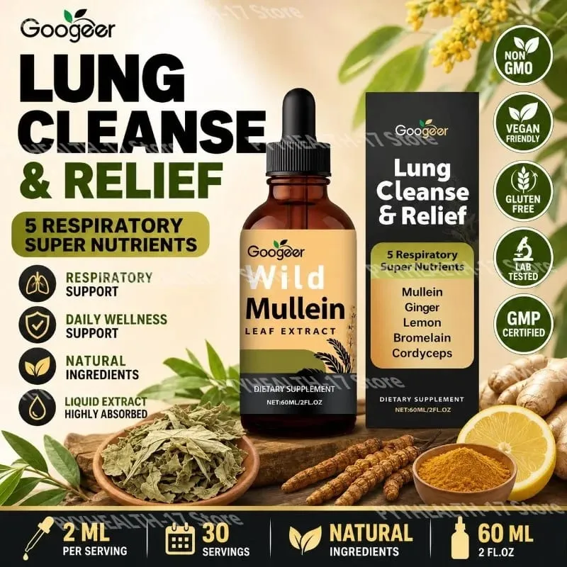 Googeer vad ökörfarkkóró levél kivonat folyékony légzéstámogató gyömbér citromhéj kivonat bromelain és cordyceps kivonat 60 ml — image 1