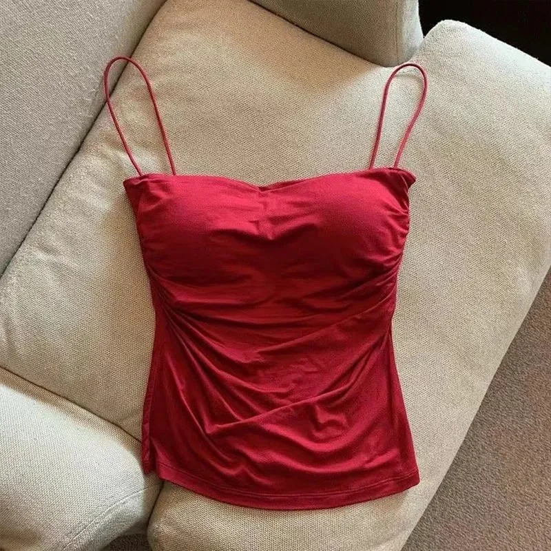 Új-szexi tömör redőzött Tank Camisole női nyári spagettipántos ujjatlan felsők — image 6