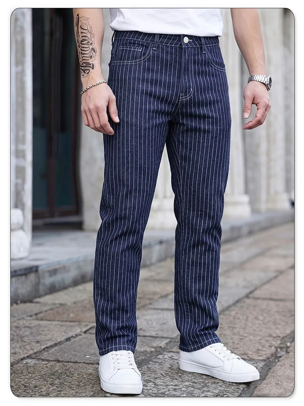 אור יוקרה כחול לבן פסים Jacquard Slim Fit אלסטי ג'ינס ישר רגל ג'ינס עסקי בסגנון קז'ואל נסיעות מכנסי ג'ינס