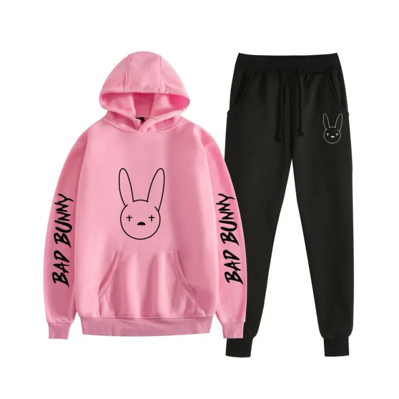 Harajuku confortável bad bunny impressão moletom moletom terno feminino hoodies + calças terno meninos/meninas 2 peça conjunto roupas — image 12