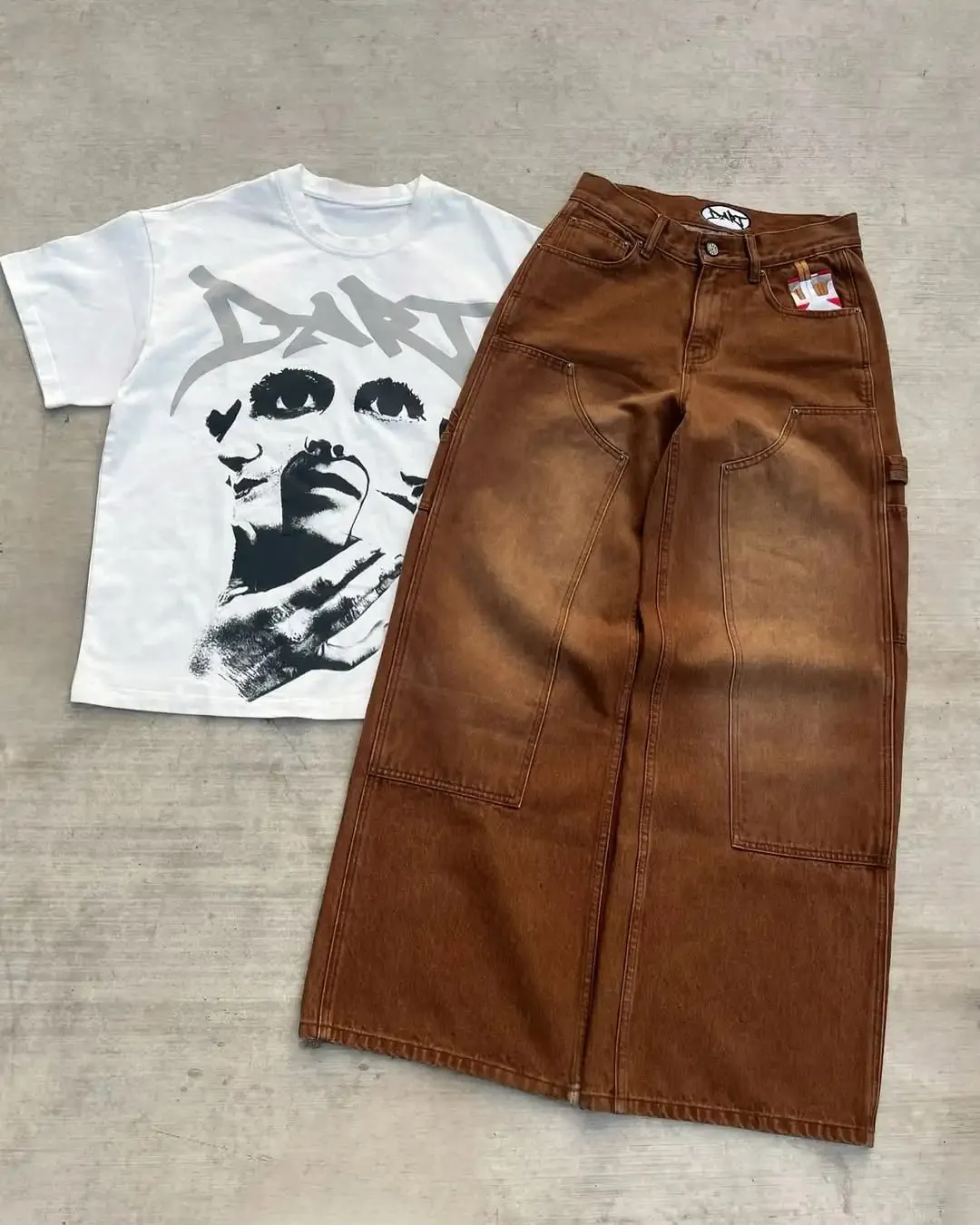 Ανδρικά streetwear Καφέ πλυμένο τζιν ξυλουργικό παντελόνι Τσιγάρα με μοτίβο τσιγάρου χαλαρή ψηλή μέση με φαρδύ πόδι casual τζιν καθημερινά ρούχα