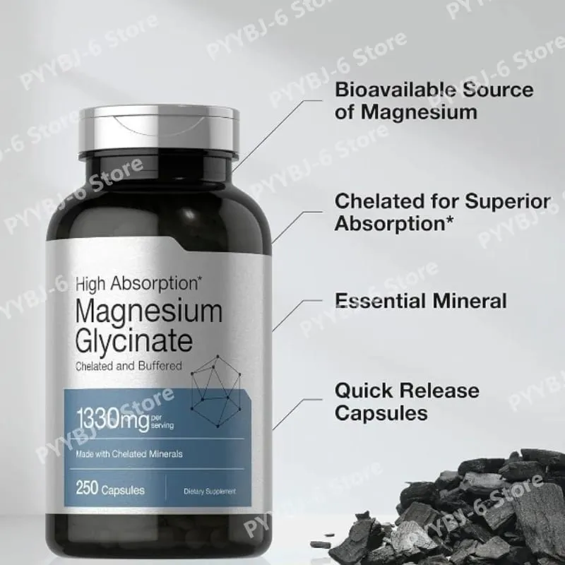 Magnézium-glicinát 1330mg (elemi magnézium) 250 kapszula kelát pufferolt ásványi anyagok, nem GMO, gluténmentes étrend-kiegészítő