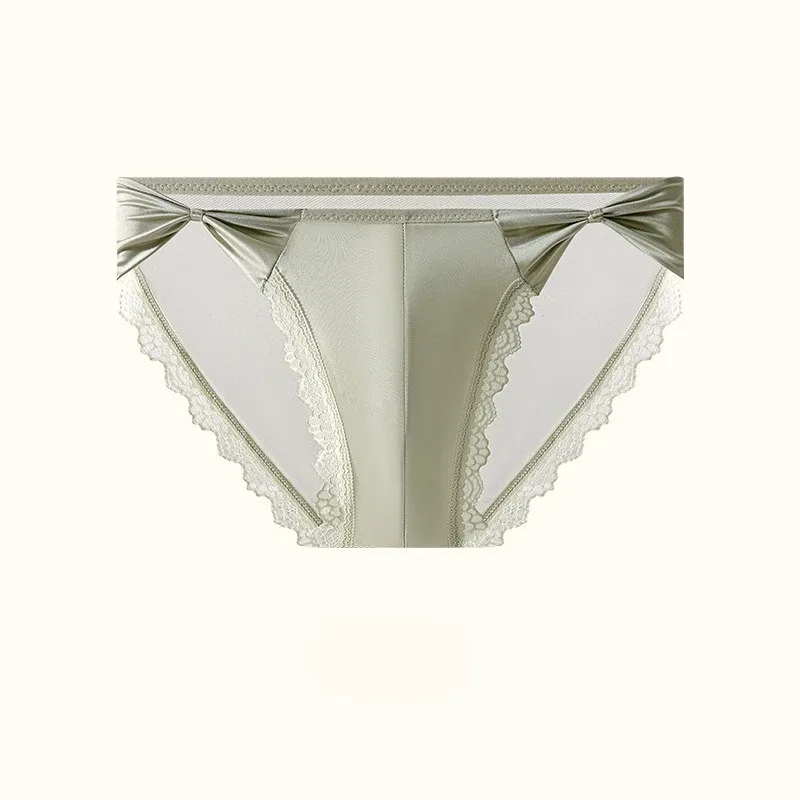 Men's Underwear High Fork Bow-Tie Lace Briefs U Convex Pouch Lingerie Underpants Ultra-Thin Ice Silk French Mesh Panties