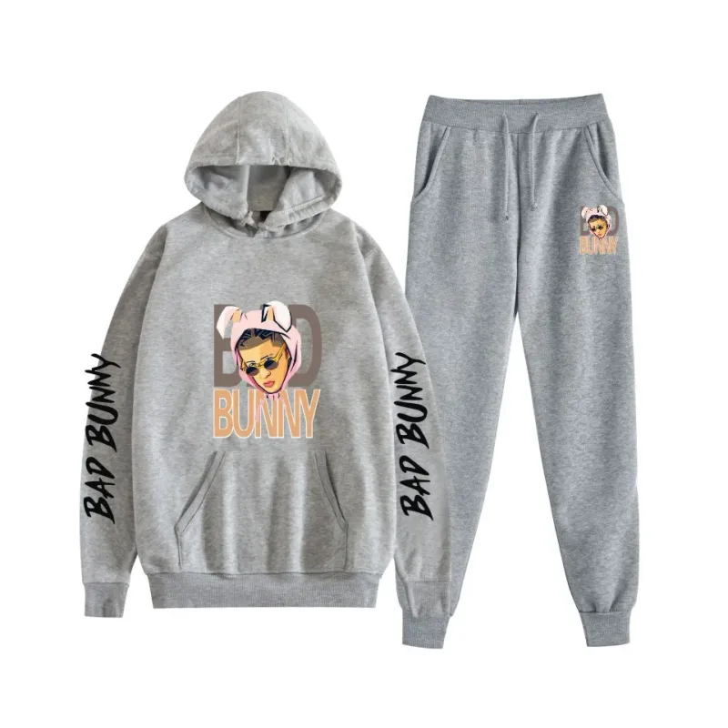 Harajuku confortável bad bunny impressão moletom moletom terno feminino hoodies + calças terno meninos/meninas 2 peça conjunto roupas — image 46