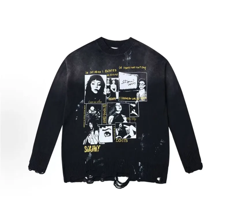 Autumn Winter New Saint Graffiti Print Vintage Washed High Street Casual Loose Cotton Versatile Hoodie Trendy Sports Top Men
