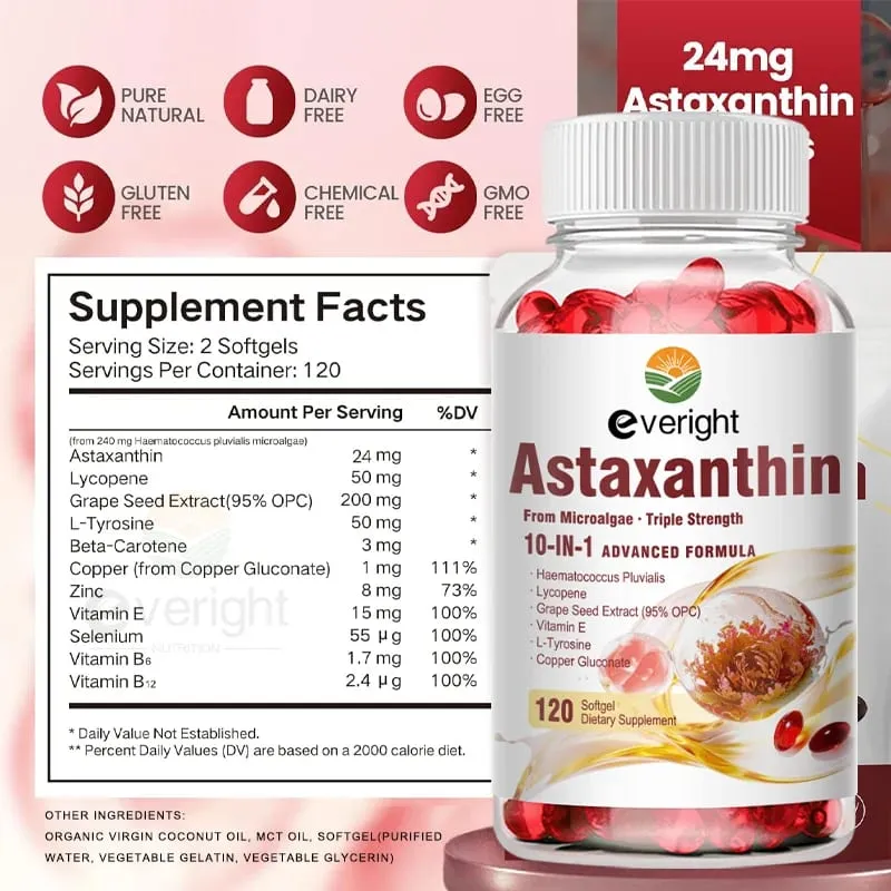 Astaxanthin 24mg - נוגד חמצון רב עוצמה לעור עיניים מערכת החיסון - 10 ב-1 פורמולה ליקופן זרעי ענבים ויטמין E ואבץ