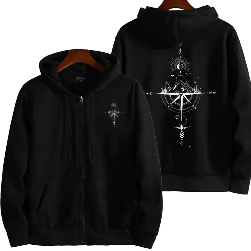 Vintage bússola impressão zip hoodies para homens de alta qualidade com capuz manga longa pulôver inverno diário casual esportes topos roupas masculinas