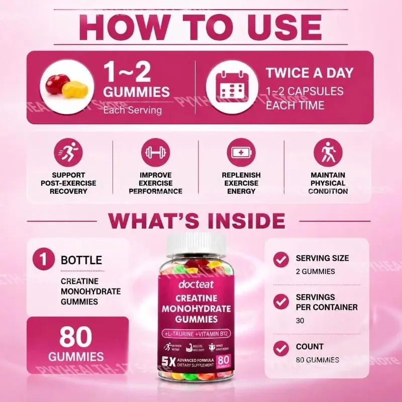 Creatine Monohydrate Gummies with L-Taurine and Vitamin B12 for Supports Training Performance and Daily Energy 80 Gummies — image 6