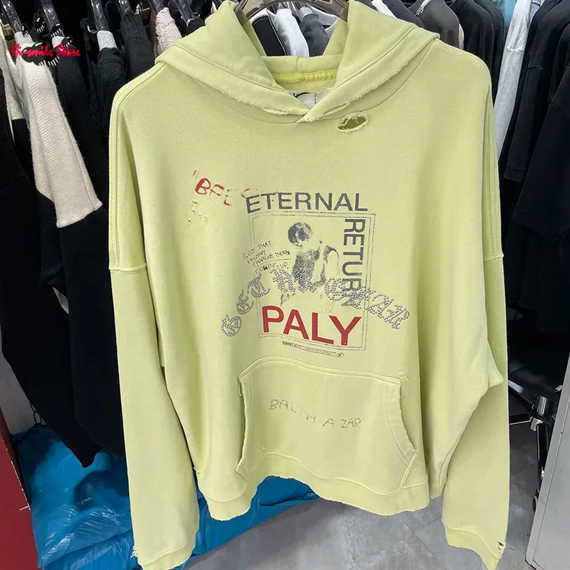 Hoodies PALY Bersaiz Besar Baru Lelaki Wanita Dicuci Hitam Rosak Kualiti Terbaik Kasual Vintage Cardigan Zip Sweatshirt