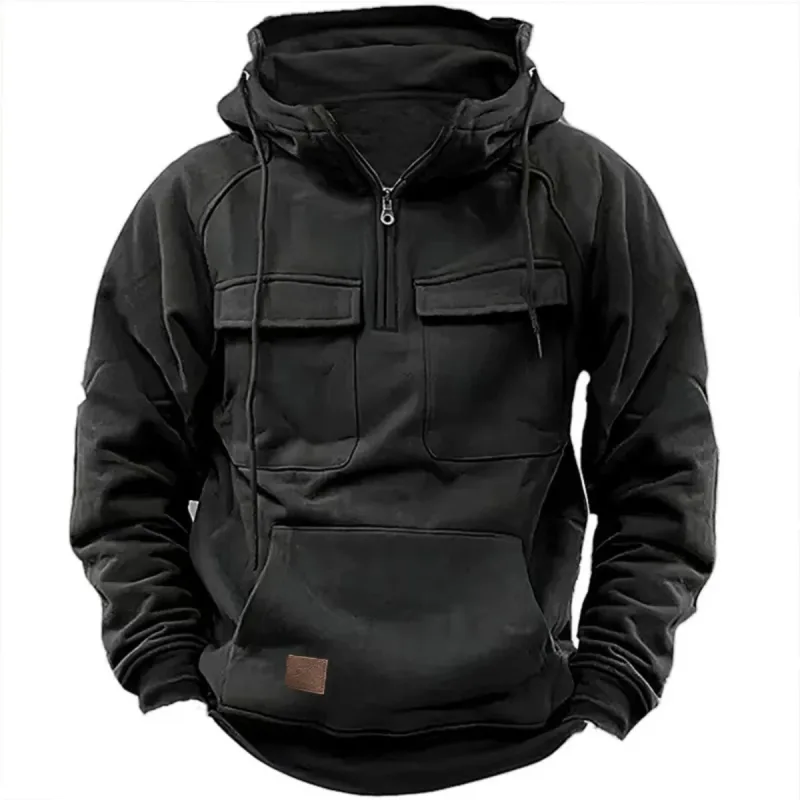 Novo outono-inverno masculino com capuz de cor sólida casual hoodie-moda jovem multi-bolso remendo moletom com capuz pulôver camisa — image 1
