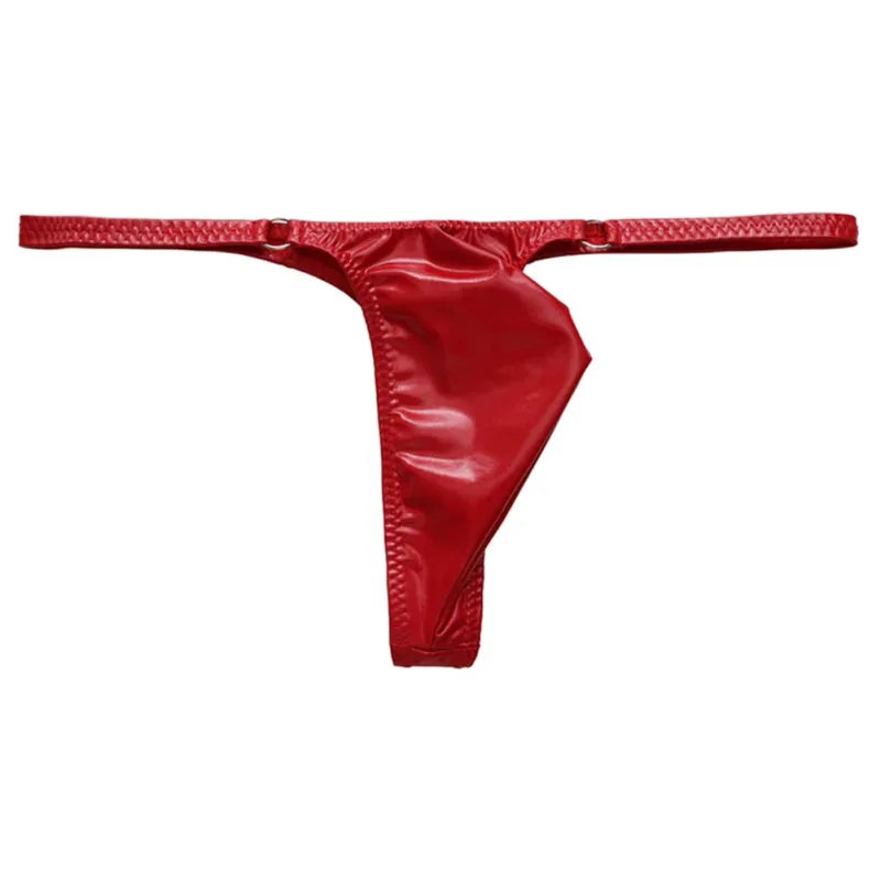 1st män glänsande läder midja med metallring G-strängar stringtrosor Gay Bulge påse Låg midja Stretchiga underkläder Rumpexponerande Sexig