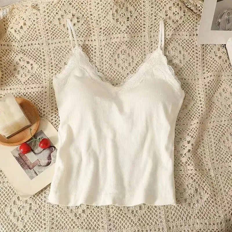 Women Sleeveless Tank Tops Solid Color Korean Version V Neck Slim Fashion Lace Stitching With Chest Pad Camisole — image 6