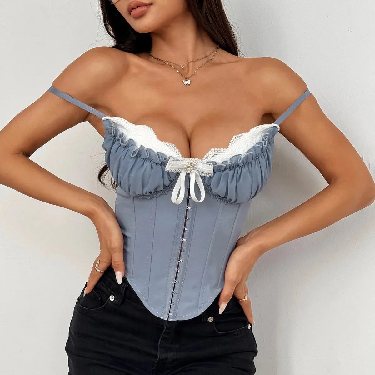 Sexy V λαιμόκοψη Y2K Μπλούζες με δαντέλα με πλισέ μπουφάν με κορσέ Σέξι μπουστάκι από ψαροκόκαλο σε σχήμα σώματος με λεπτή καμίζα — image 8