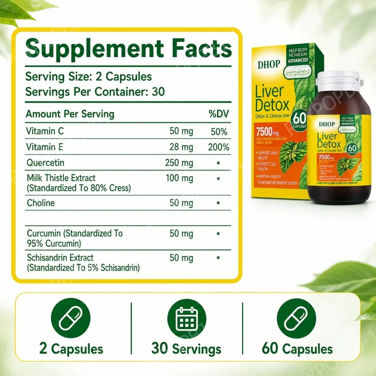 Milk Thistle Liver Health Capsules 60 Count with Vitamin C E Choline Curcumin- Supports Healthy Liver Function — image 3