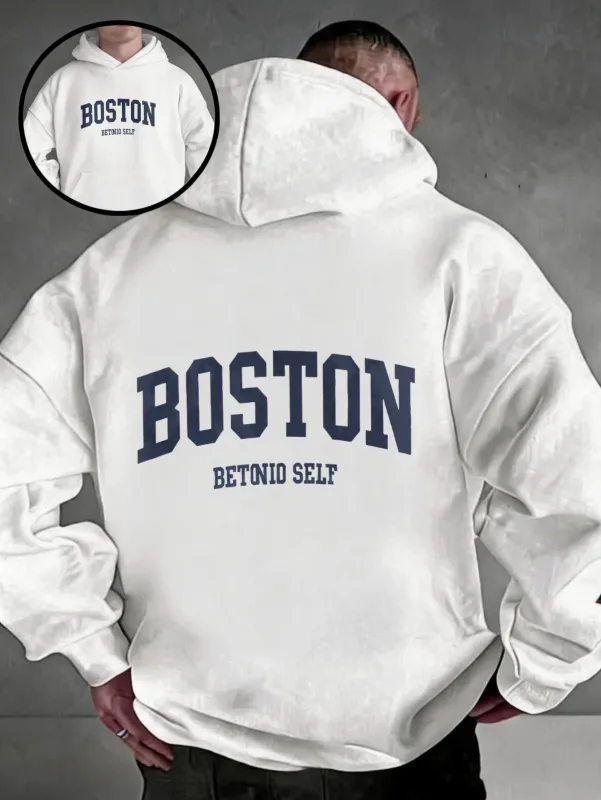 Oversized colorful hoodie, streetwear-style pullover, Boston Betonio back-print design, unisex casual wear, plus size.