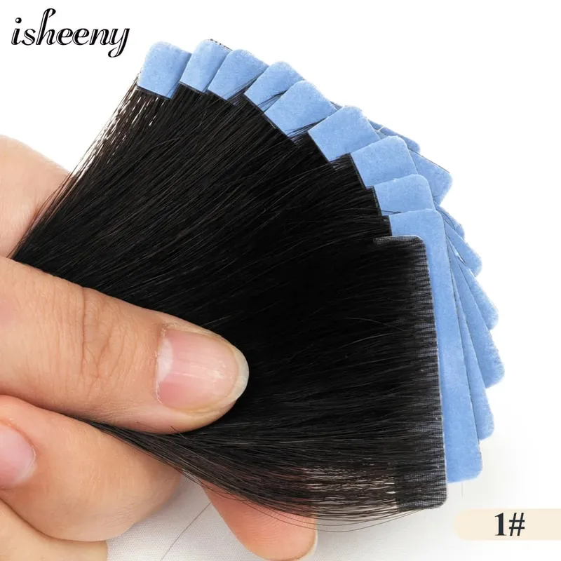 Isheeny Invisible Tape In Hair Extensions 12" 16" 20" Skin Weft Tape Ins 10pcs Natural Straight Machine Made Remy Human Hair