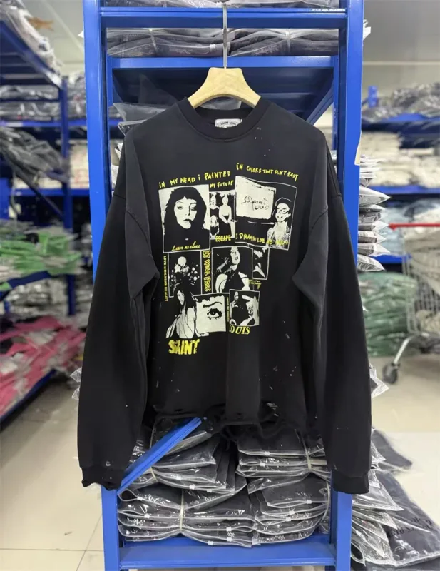 Autumn Winter New Saint Graffiti Print Vintage Washed High Street Casual Loose Cotton Versatile Hoodie Trendy Sports Top Men