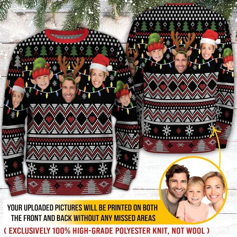 Fotoğrafınızı Özel 3D Baskı Çirkin Noel Kazak DIY Yüz Aile Kazaklar Komik Görüntü Kazak Kişiselleştirilmiş Noel Hediyesi Unisex — image 2