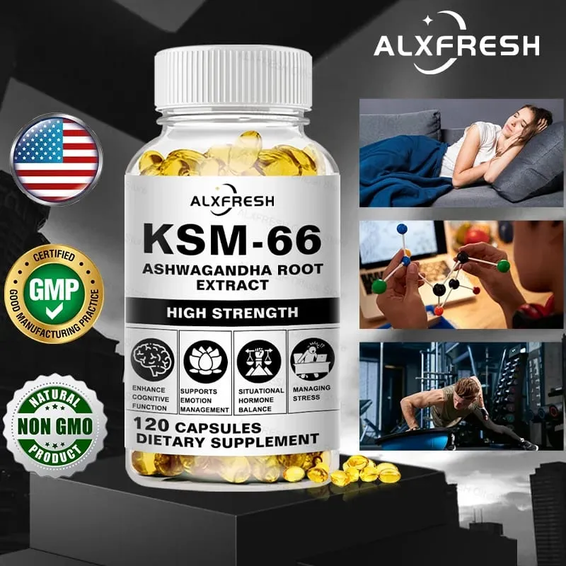 Φυσικό βιολογικό Ashwagandha KSM-66 Συμπληρώματα Κάψουλες για Ανακούφιση από Στρες Focus Brain Energy Support Συμπλήρωμα για την υγεία ύπνου — image 1