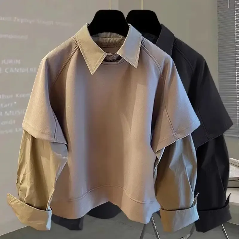 Camisa de manga comprida emendada de duas peças para outono inverno novo moletom masculino estilo coreano na moda solta versátil topo — image 3