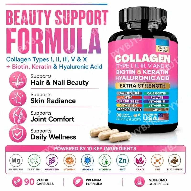 Collagen Biotin Keratin Hyaluronic Acid Capsules Extra Strength with Vitamin A C E and Zinc Skin Health 90 Capsules — image 4