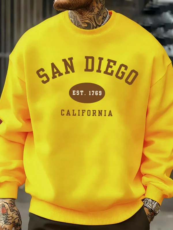 San Diego California Letter Printed Men Pullover Sweatshirts Soft Fleece Sweatshirt Crewneck Casual Clothes Oversized Streetwear