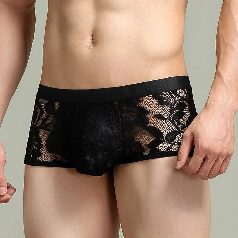 Cuecas boxers masculinas Tawell elegantes e sexy de renda em U com bolso convexo e cuecas planas — image 4