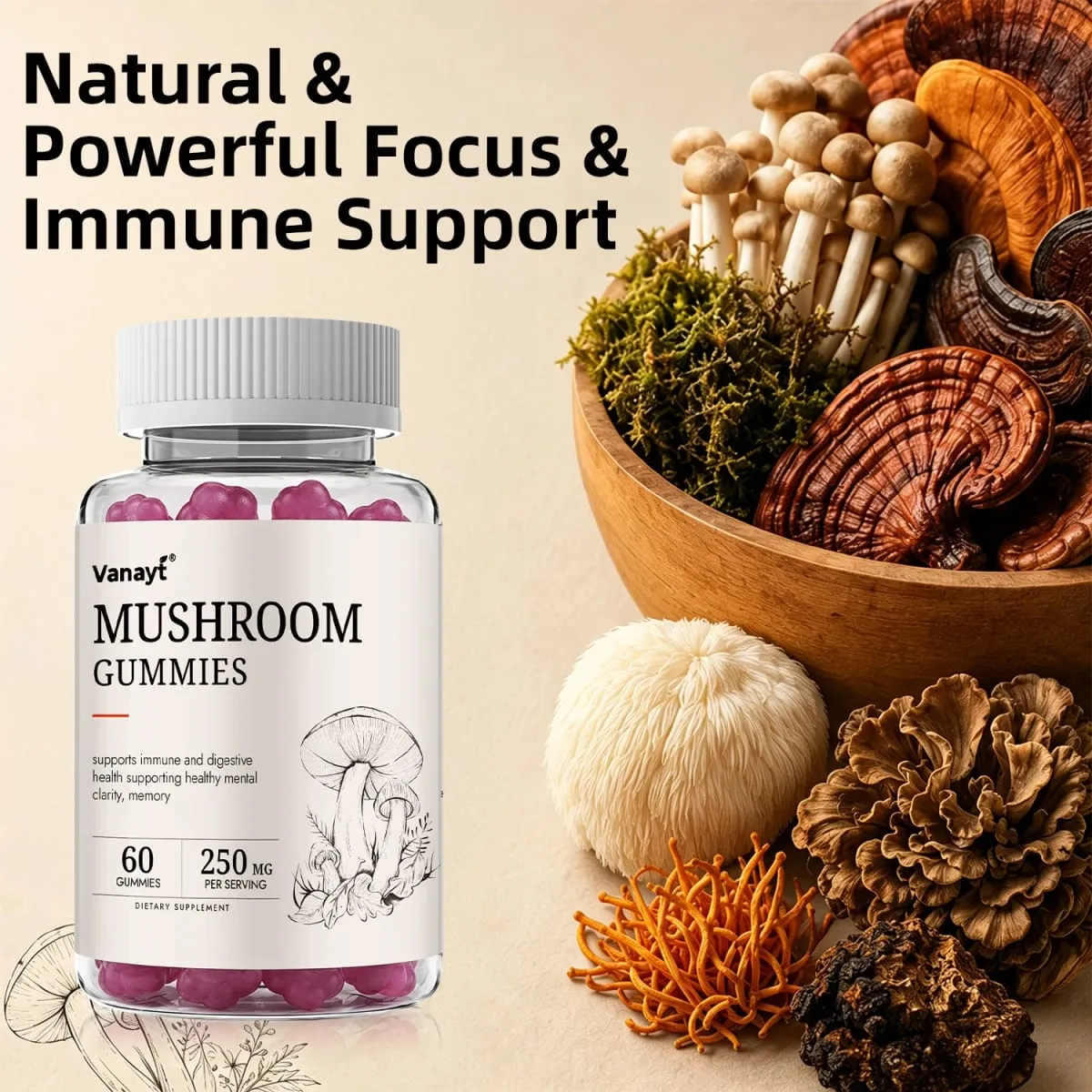 250mg Mushroom Super Blend Complex - Brain Nervous System Health and Memory Supplements Immunity Sleep Energy Mood Support — image 7