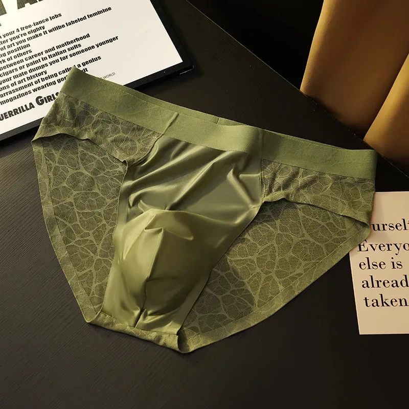 Sem costura jacquard homens triângulo roupa interior de seda gelo fina respirável calcinha de secagem rápida cuecas masculinas sexy u bulge bolsa