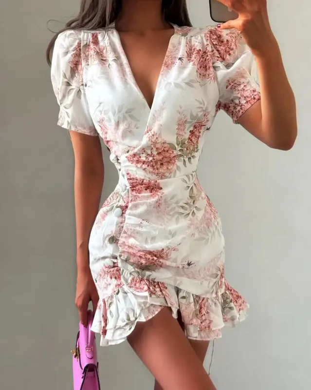 Chic Ruffle Print Slim Short Dress Women Chic Patchwork Flared sleeves V-neck Pleated Dresses 2026 Lady Summer Casual Vestidos — image 11