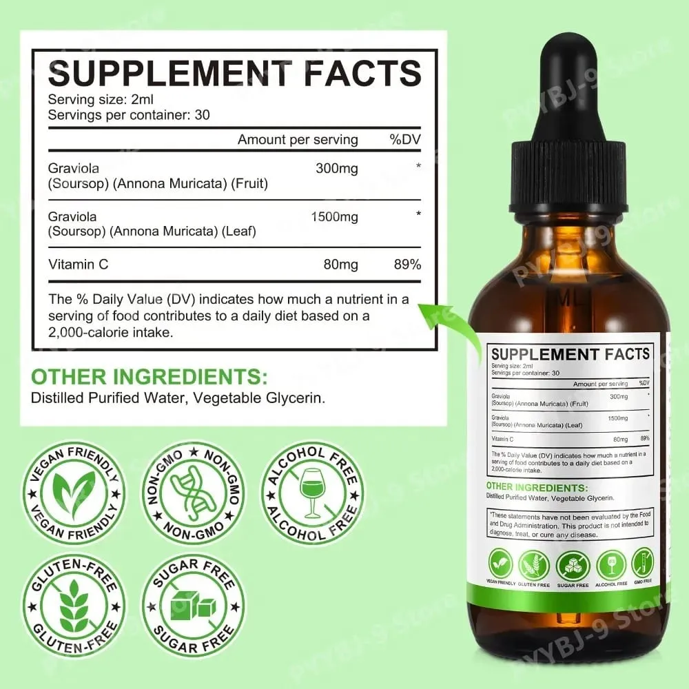 Acentiallabs Hot Sale 60ml Soursop Bitter Liquid Drops Συμπληρώματα Διατροφής 100% Pure Organic Soursop Graviola Extract for Adlut