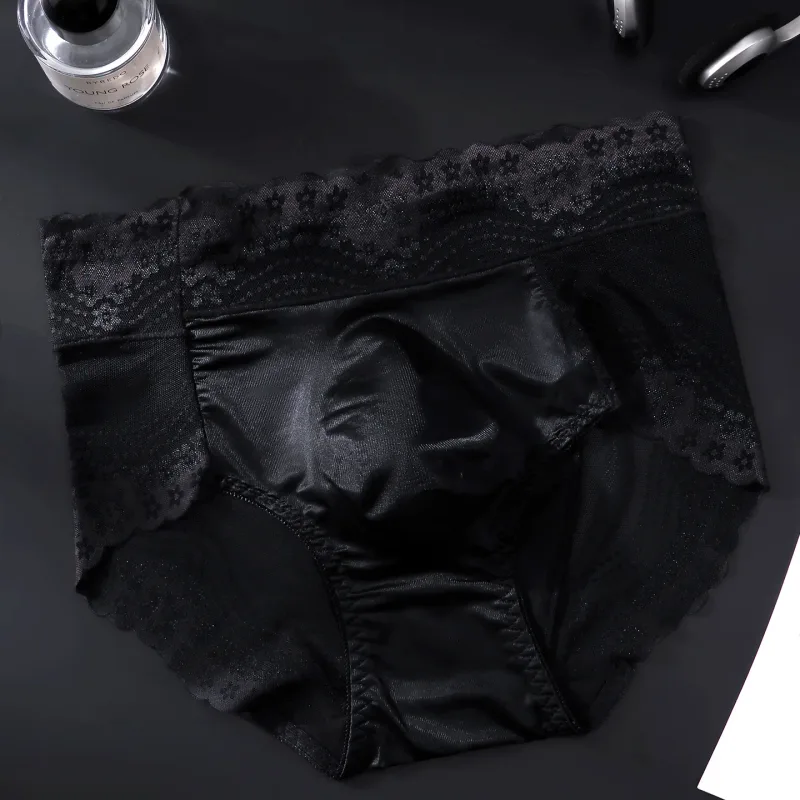 Flor renda malha oco para fora sexy roupa interior masculina de seda gelo respirável sem costura fina triângulo calças macio traceless cuecas masculinas — image 17