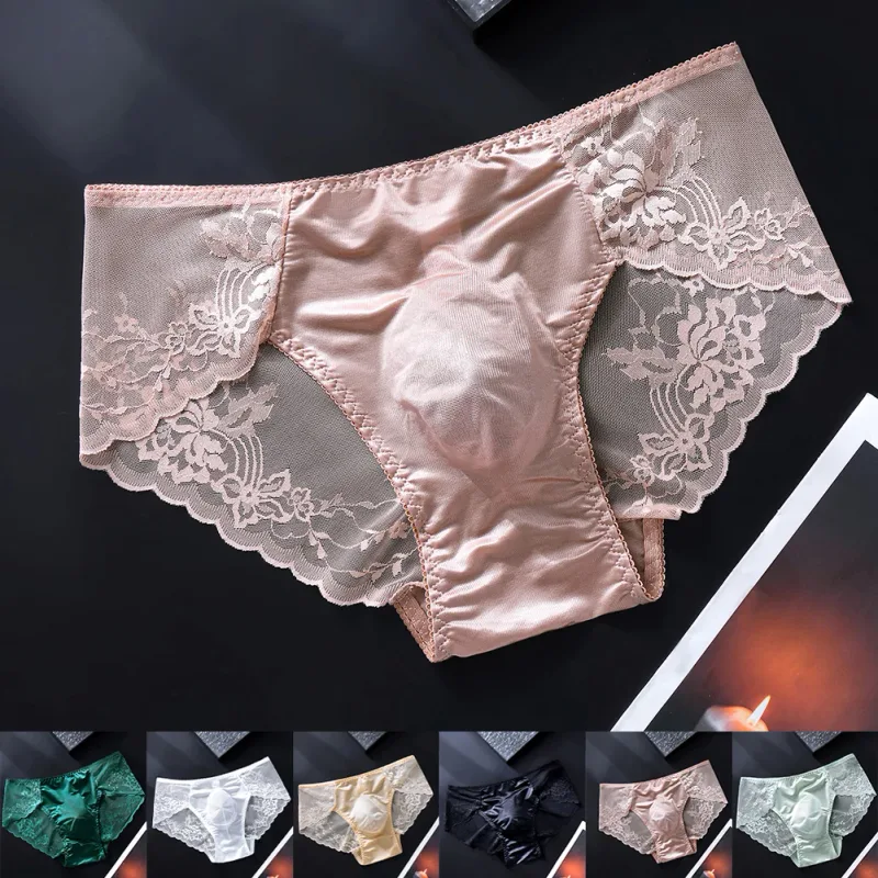 Cuecas masculinas de renda sem costura cuecas de seda gelada 3D bolsa com protuberância calcinha gay de cintura baixa — image 2