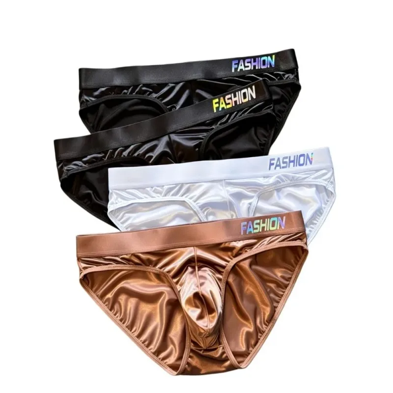 Underwear Men's Triangle Panties Low Waist Ultra Smooth Satin Silky Briefs Lingerie Gradient Letter Glossy Underpants Daily Wear — image 5