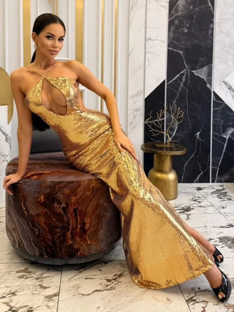 VC női arany flitteres luxus party ruha Szexi hát nélküli hosszú ruha esküvői bankettre Női ruházat — image 5