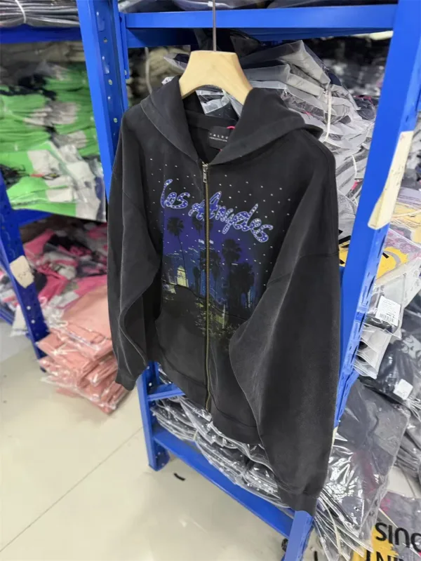False Rhinestone Starry Sky Pattern Print Washed Zipper Loose Hoodie Street Casual Cotton Versatile Sports Trendy Sweatshirt — image 13