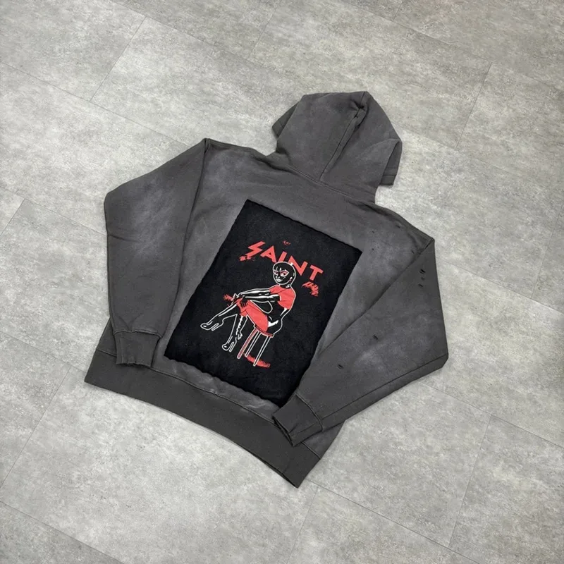 25FW Washed Grey SAINT Hoodies Men Woman Oversize Streetwear Damaged Hooded Pullovers Graphic Print Sweatshirts — image 5