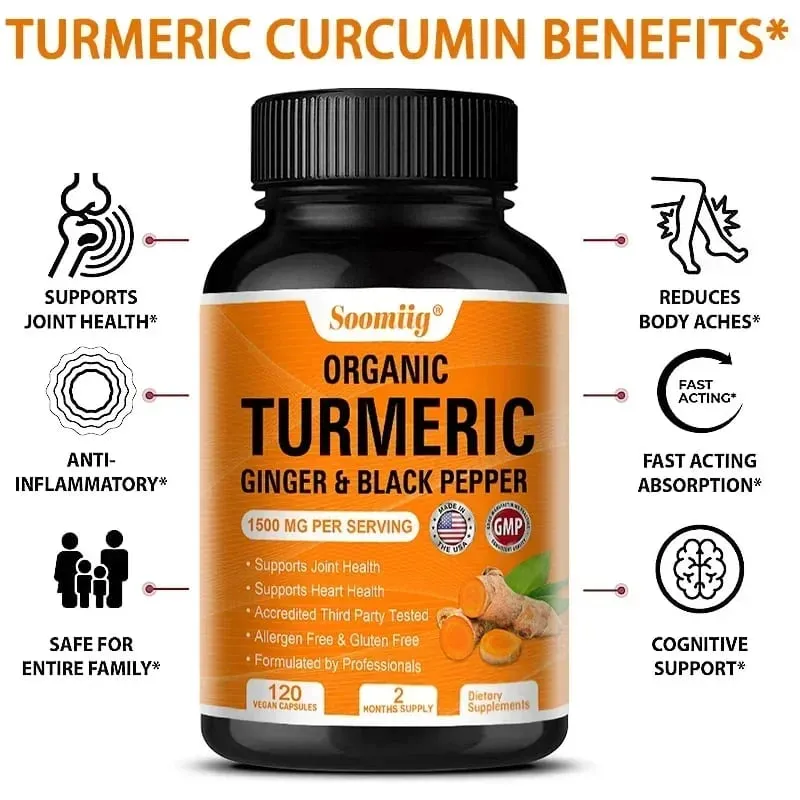 Organic Turmeric High Strength 1500 Mg | 120 Capsules with Black Pepper Ginger and Active Curcumin Joints Heart Cognition
