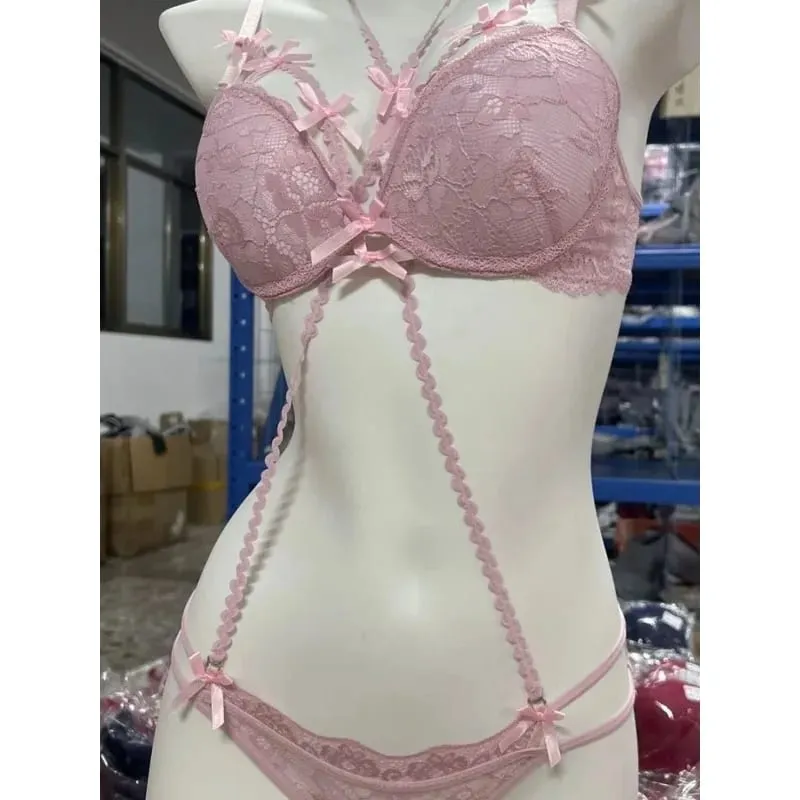 Σετ σουτιέν με δαντέλα αισθητικής - Hollow Out Halter Top με Φιόγκο Εσωτερικό κόκκινο Lace Up Σουτιέν Γυναικεία ασορτί εσώρουχα δύο τεμαχίων AB