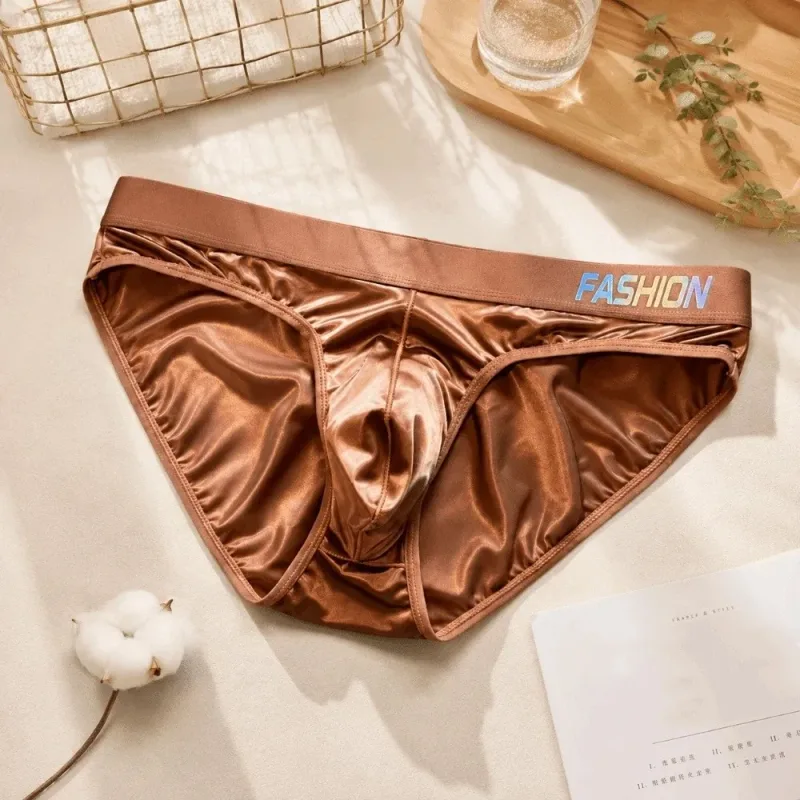 Underwear Men's Triangle Panties Low Waist Ultra Smooth Satin Silky Briefs Lingerie Gradient Letter Glossy Underpants Daily Wear — image 3
