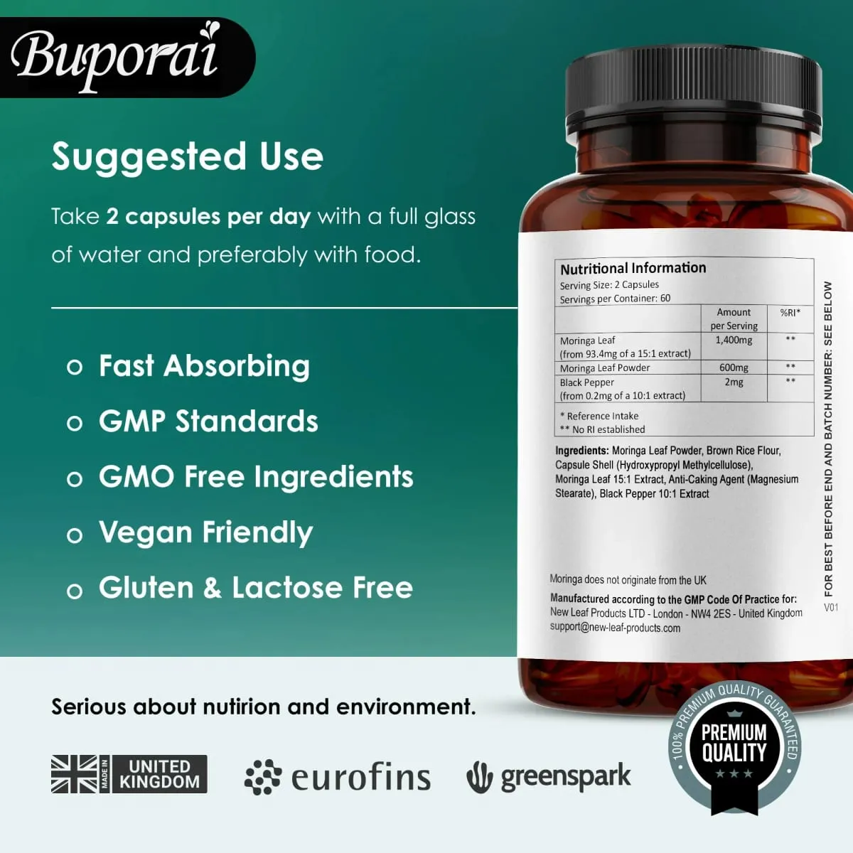 Moringa Leaf Capsules - Supports Digestive and Intestinal Health Antioxidants Nourishes Skin Improves Energy Levels