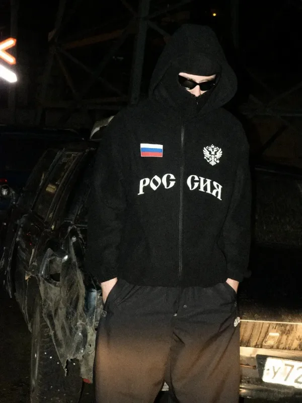 Hip Hop Face Cover Moletom Unissex Solto Preto Zip Up Moletom Design Impresso com Bandeira da Águia — image 2