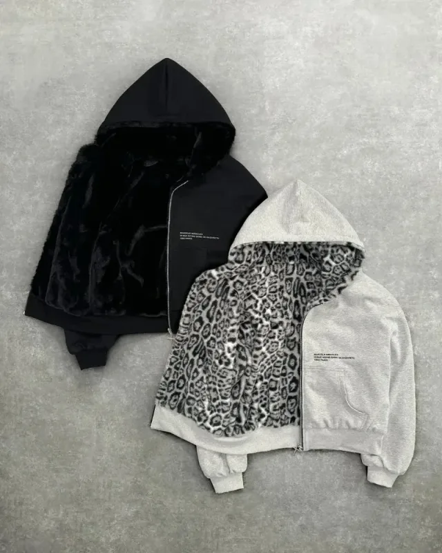 Hip-hop Nya dubbelsidiga kläder Harajuku Retro Leopardtryck Fashionabla Luvtröja med lös dragkedja Män Gata Fritidströja Kvinnor — image 4