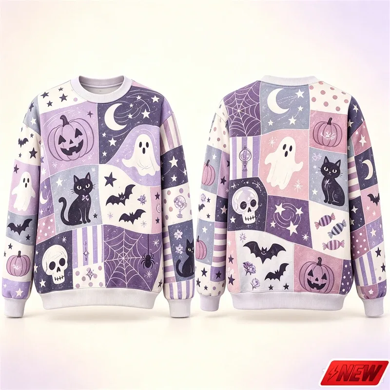 Halloween Splicing Patterns Sweatshirt Men 3D Print Pumpkin Cat Long Sleeve Pullover Hoodie Quick Dry Holiday Costume Top Unisex