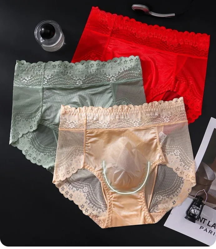 Flor renda malha oco para fora sexy roupa interior masculina de seda gelo respirável sem costura fina triângulo calças macio traceless cuecas masculinas — image 8