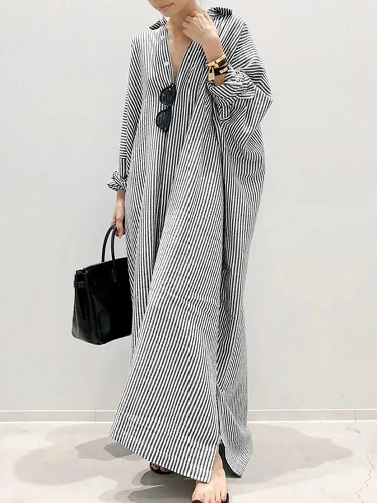 2025 Stripe Printed Beach Party Sundress ZANZEA Ανοιξιάτικο φθινόπωρο Γυναικείο μακρυμάνικο πέτο φόρεμα με ρεβέρ, Casual Loose Vestidos