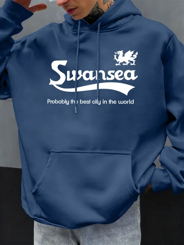 Swansea The Best City Letter Design Autumn Men Hoody Pocket Hoodie Kasual Fleece Soft Pullover Pakaian Hip Hop Tops Longgar