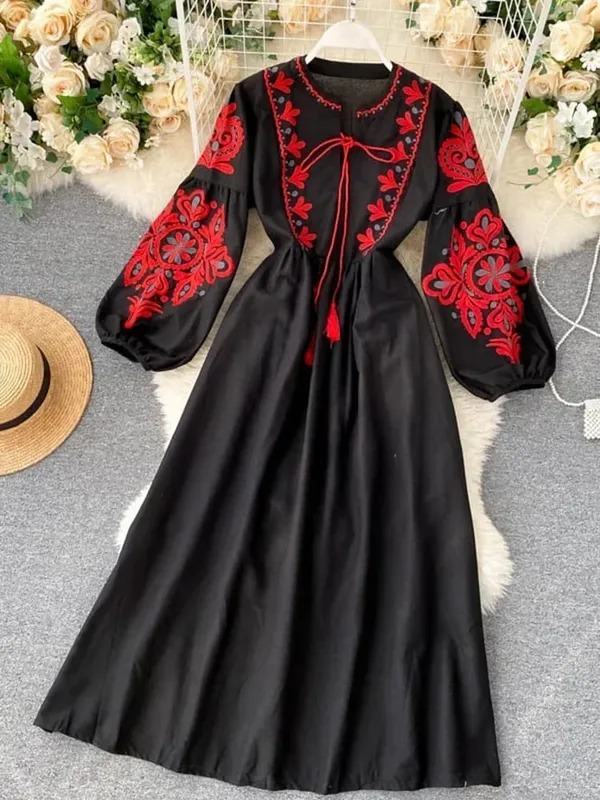 Női őszi ruhák Bohém hímzett virágos O-nyakú lámpás ujjú, magas derékú, redőzött ruha, Női Vestidos PL393 — image 6